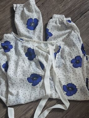 George White Blouse with Blue Poppy Print and Black Dots